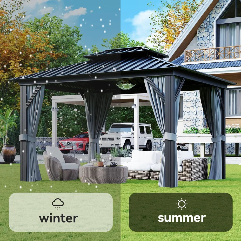 10'x12' Hardtop Gazebo, Aluminum Frame Canopy with Double Galvanized Steel Roof, Outdoor Metal Pavilion with Netting, Curtains