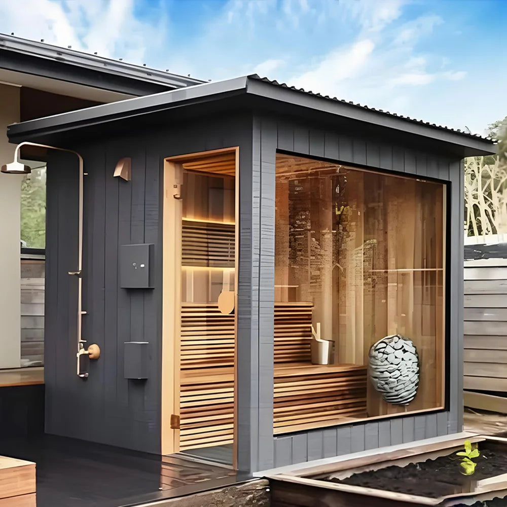 Hot Square Outdoor Steam Sauna – 4 Person Custom Solid Wood Garden Sauna (Panoramic Design)