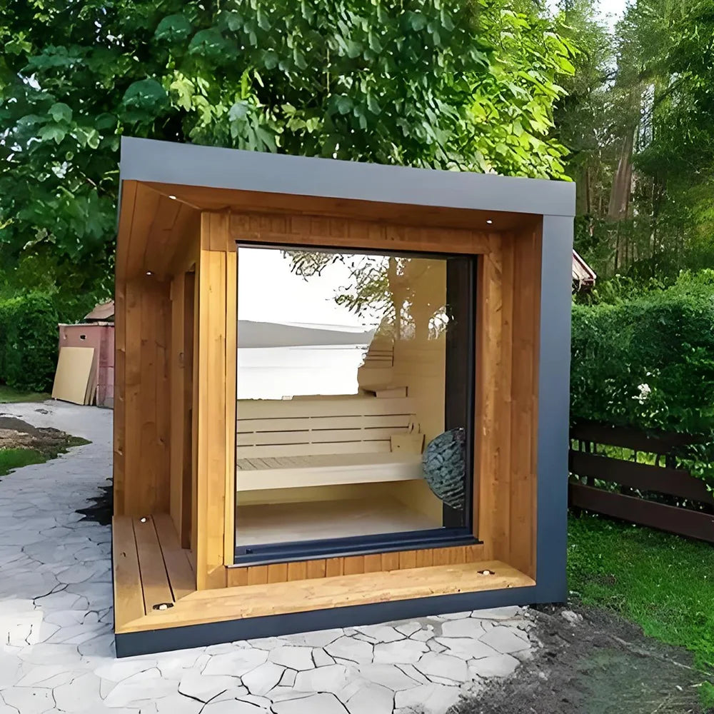 Hot Square Outdoor Steam Sauna – 4 Person Custom Solid Wood Garden Sauna (Panoramic Design)