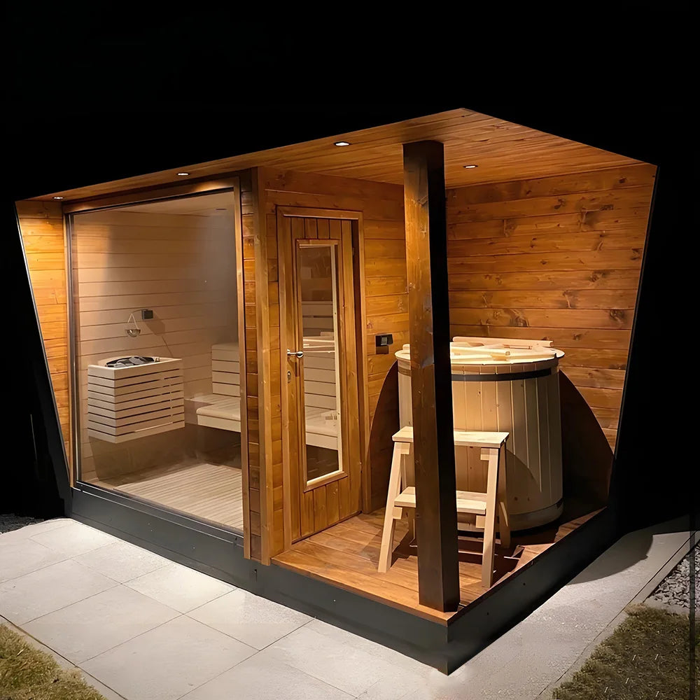 Hot Square Outdoor Steam Sauna – 4 Person Custom Solid Wood Garden Sauna (Panoramic Design)