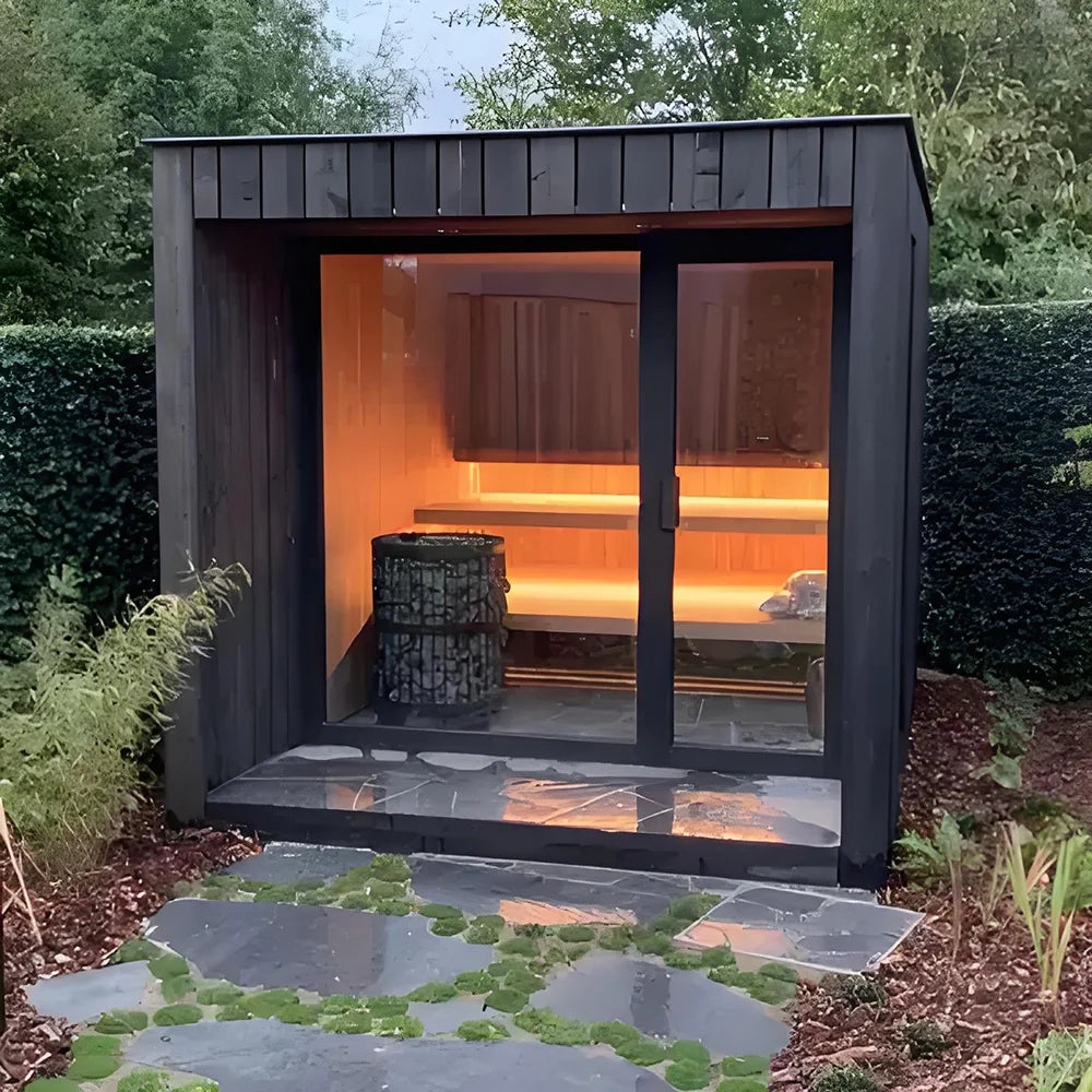 Hot Square Outdoor Steam Sauna – 4 Person Custom Solid Wood Garden Sauna (Panoramic Design)