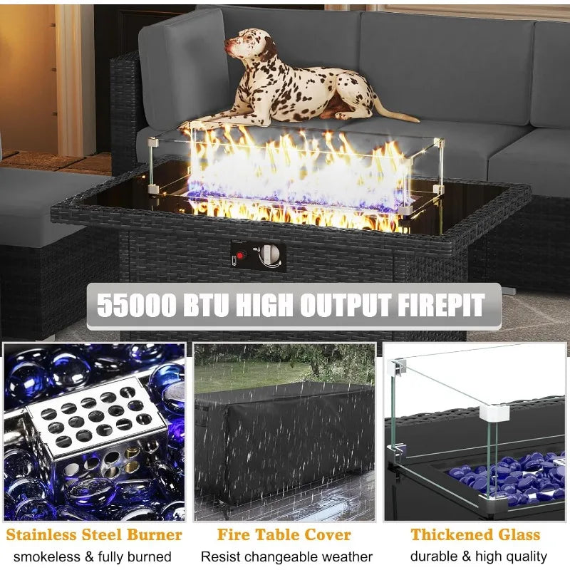 15 Piece Patio Furniture Set with Fire Pit Table, Outdoor Conversation Sets Wicker Rattan Sectional Sofa with Coffee Table