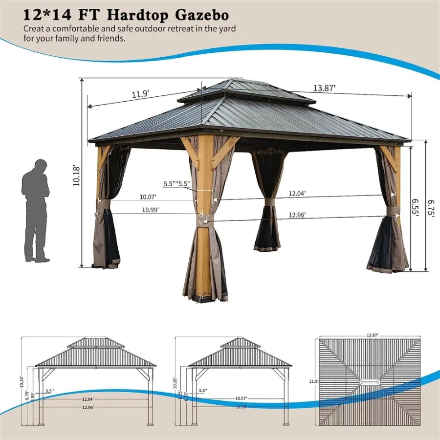 12'x14' Hardtop Gazebo Outdoor Cedar Wood Frame Canopy with Galvanized Steel Double Roof Outdoor Permanent Metal Pavilion with