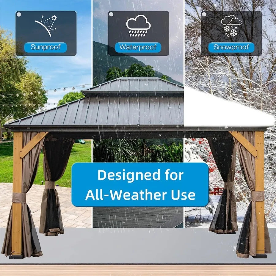12'x14' Hardtop Gazebo Outdoor Cedar Wood Frame Canopy with Galvanized Steel Double Roof Outdoor Permanent Metal Pavilion with