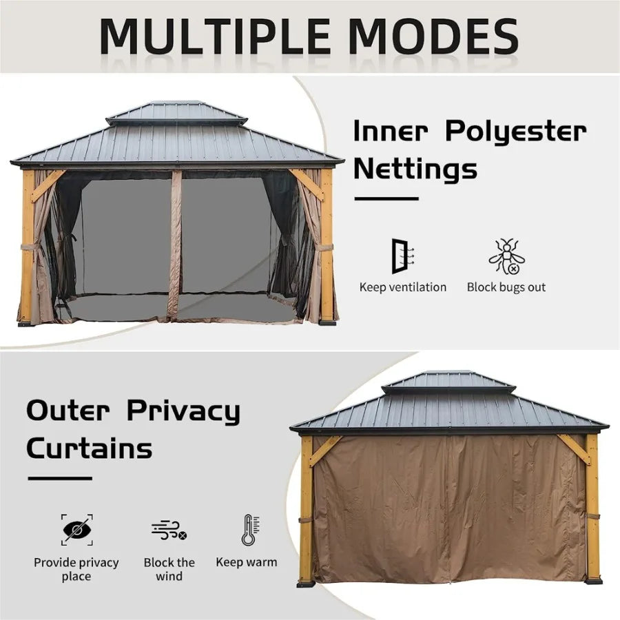12'x14' Hardtop Gazebo Outdoor Cedar Wood Frame Canopy with Galvanized Steel Double Roof Outdoor Permanent Metal Pavilion with