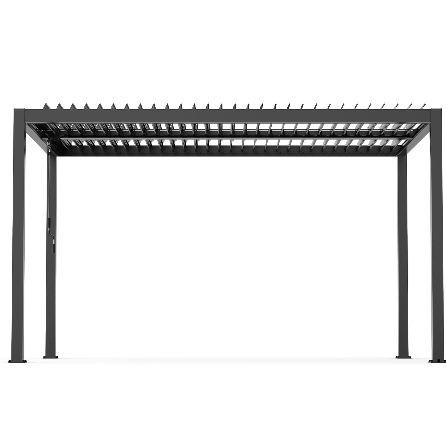 Modern 10x13 ft aluminum pergola with adjustable louvered roof in a backyard setting.