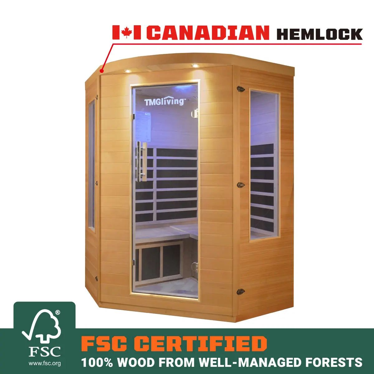A view of the indoor sauna showing its Canadian hemlock wood construction.