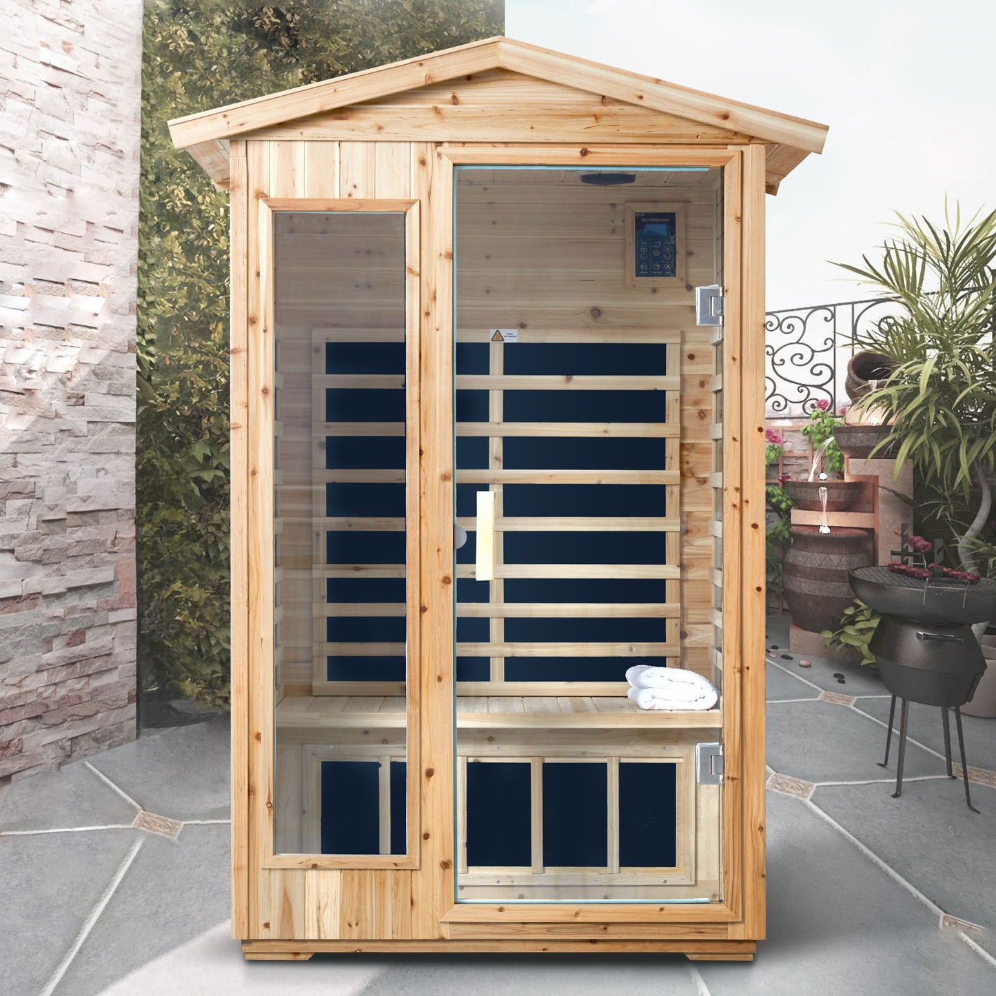 Two-person fir wood sauna with a backyard view
