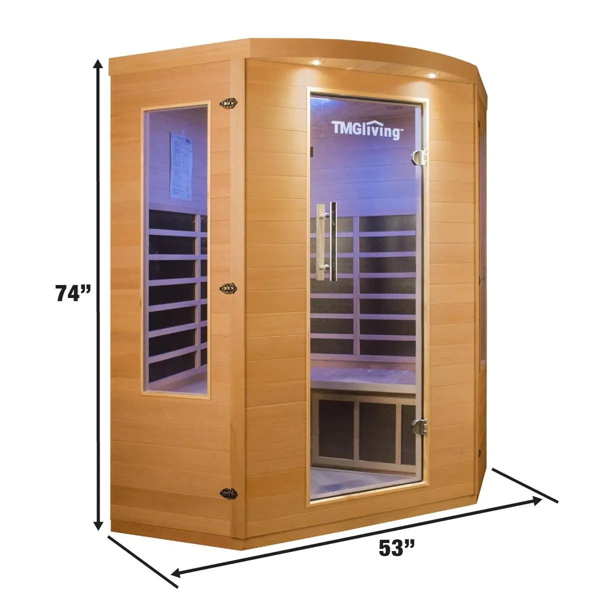 Interior of the spacious sauna with Bluetooth speakers and a bench for three.