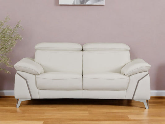 71" White Italian Leather Sofa With Silver Legs-0