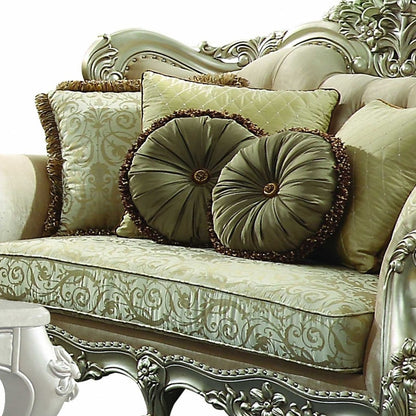 72" Green And Light Green Polyester Blend Damask Chesterfield Loveseat and Toss Pillows-4