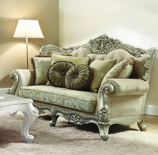 72" Green And Light Green Polyester Blend Damask Chesterfield Loveseat and Toss Pillows-0