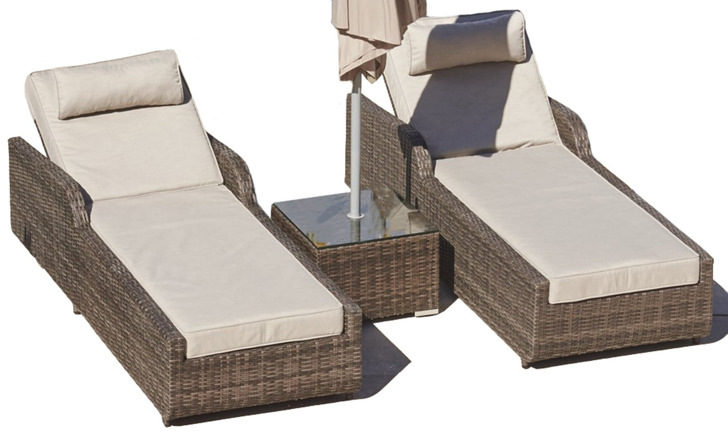 78" Set of Two Brown Indoor Outdoor Chaise Lounge with Beige Cushion-1