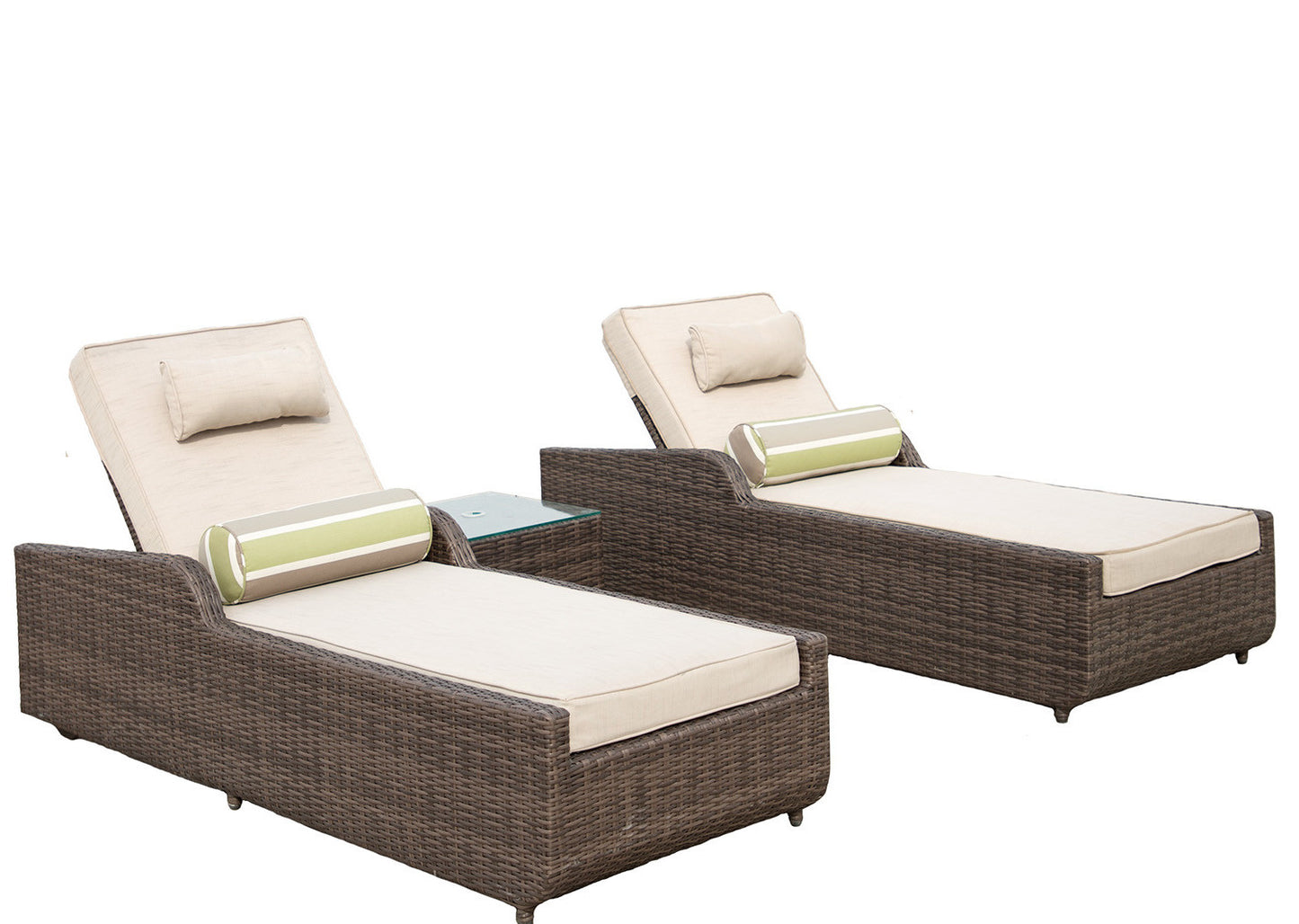 78" Set of Two Brown Indoor Outdoor Chaise Lounge with Beige Cushion-2