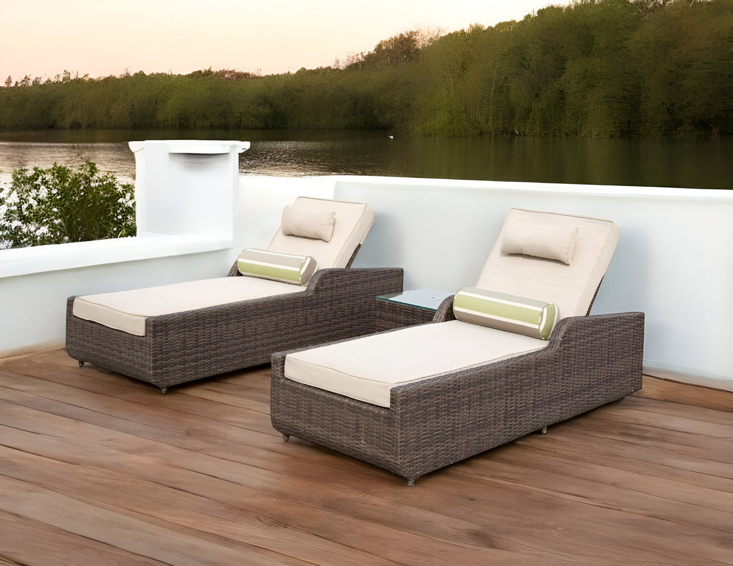 78" Set of Two Brown Indoor Outdoor Chaise Lounge with Beige Cushion-0