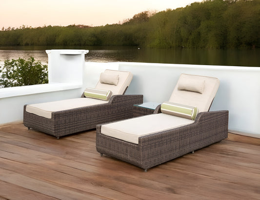 78" Set of Two Brown Indoor Outdoor Chaise Lounge with Beige Cushion-0