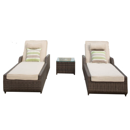 78" Set of Two Brown Indoor Outdoor Chaise Lounge with Beige Cushion-3