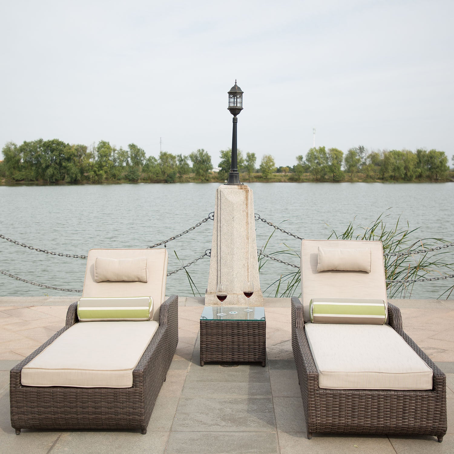 78" Set of Two Brown Indoor Outdoor Chaise Lounge with Beige Cushion-5