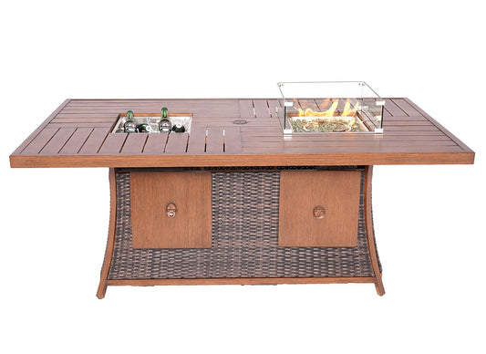 Discover a dual-purpose outdoor fire pit table featuring a gas-powered fire and a built-in ice bucket. its durable wicker design adds style to any patio.