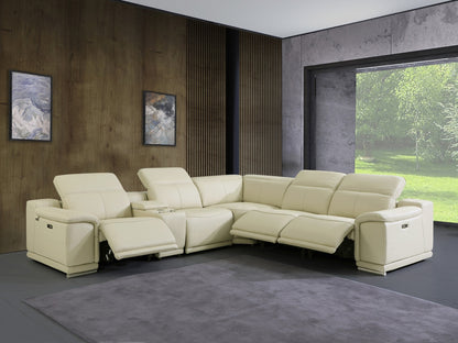 Beige Italian Leather Power Reclining U Shaped Six Piece Corner Sectional With Console-8