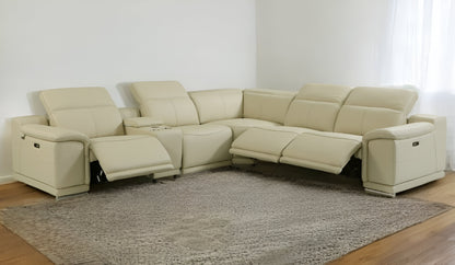 Beige Italian Leather Power Reclining U Shaped Six Piece Corner Sectional With Console-1