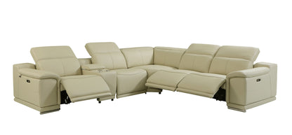 Beige Italian Leather Power Reclining U Shaped Six Piece Corner Sectional With Console-0