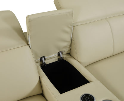 Beige Italian Leather Power Reclining U Shaped Six Piece Corner Sectional With Console-5