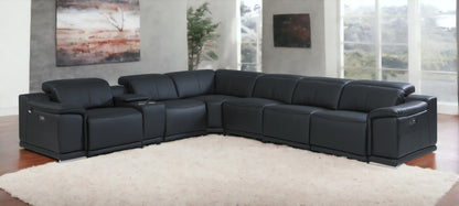 Black Italian Leather Power Reclining U Shaped Seven Piece Corner Sectional With Console-1