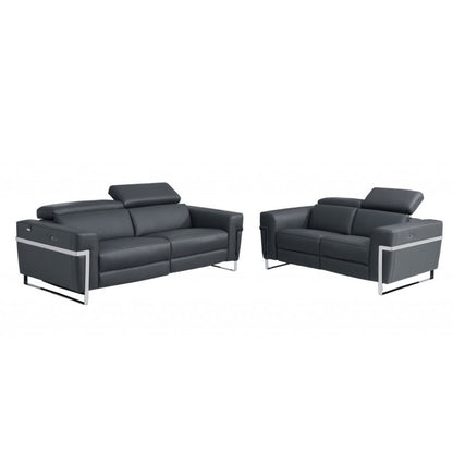 Two Piece Indoor Dark Gray Italian Leather Five Person Seating Set-3