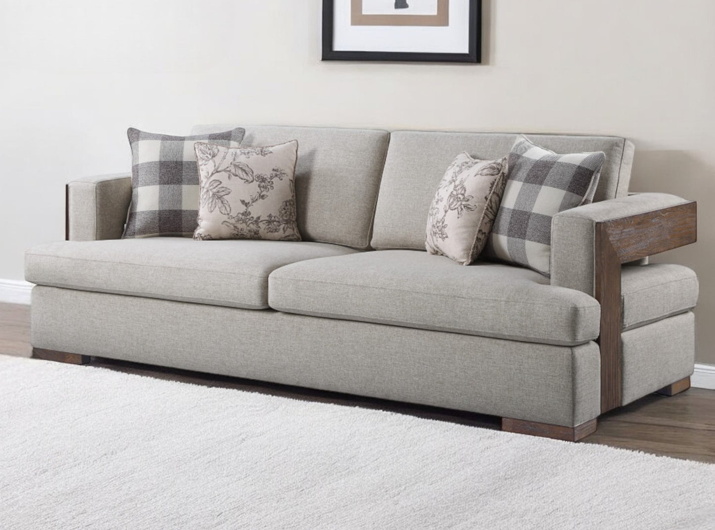 92" Beige Fabric Sofa And Toss Pillows With Brown Legs-1