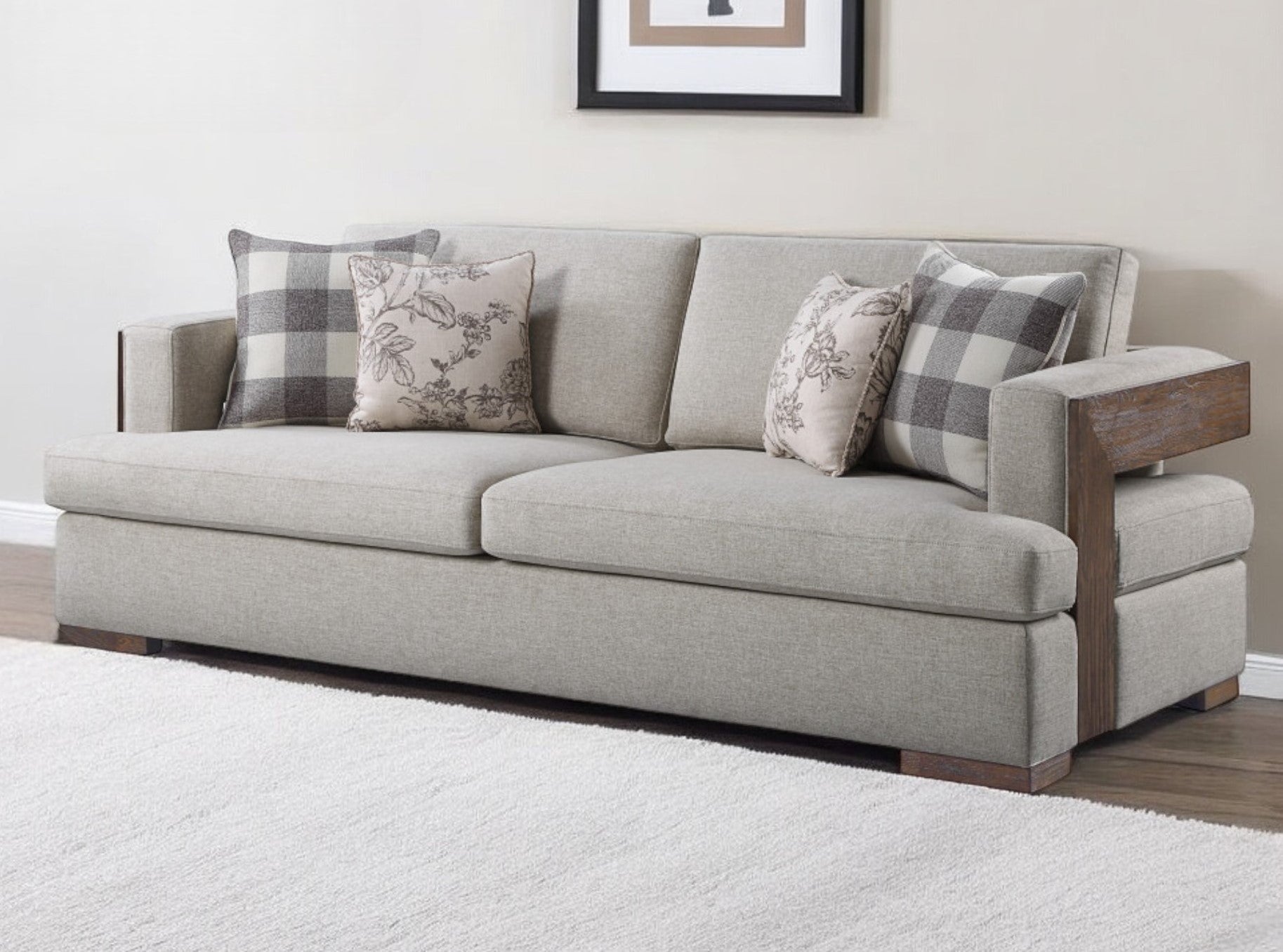 92" Beige Fabric Sofa And Toss Pillows With Brown Legs-1