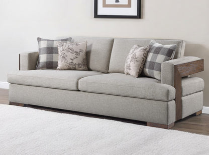 92" Beige Fabric Sofa And Toss Pillows With Brown Legs-1