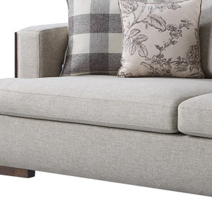 92" Beige Fabric Sofa And Toss Pillows With Brown Legs-2