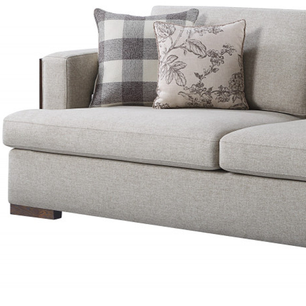 92" Beige Fabric Sofa And Toss Pillows With Brown Legs-3