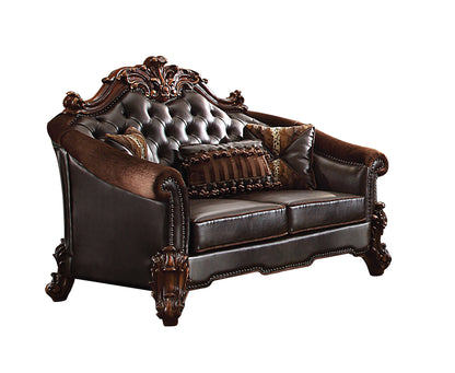 66" Brown And Dark Brown Chenille And Faux Leather Loveseat and Toss Pillows-3