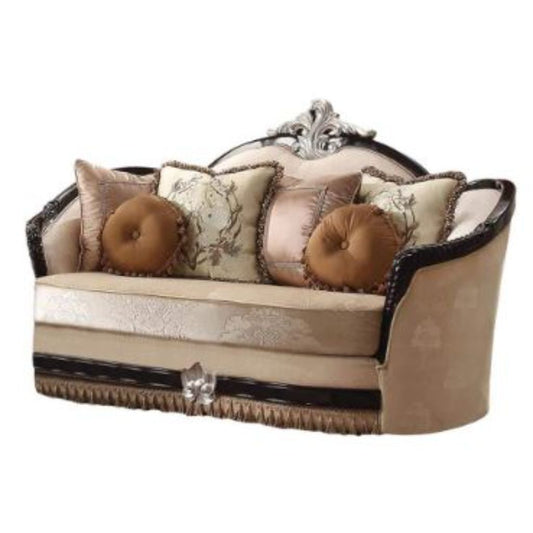 75" Tan Velvet Curved Loveseat and Toss Pillows-0