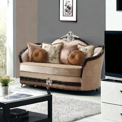 75" Tan Velvet Curved Loveseat and Toss Pillows-1