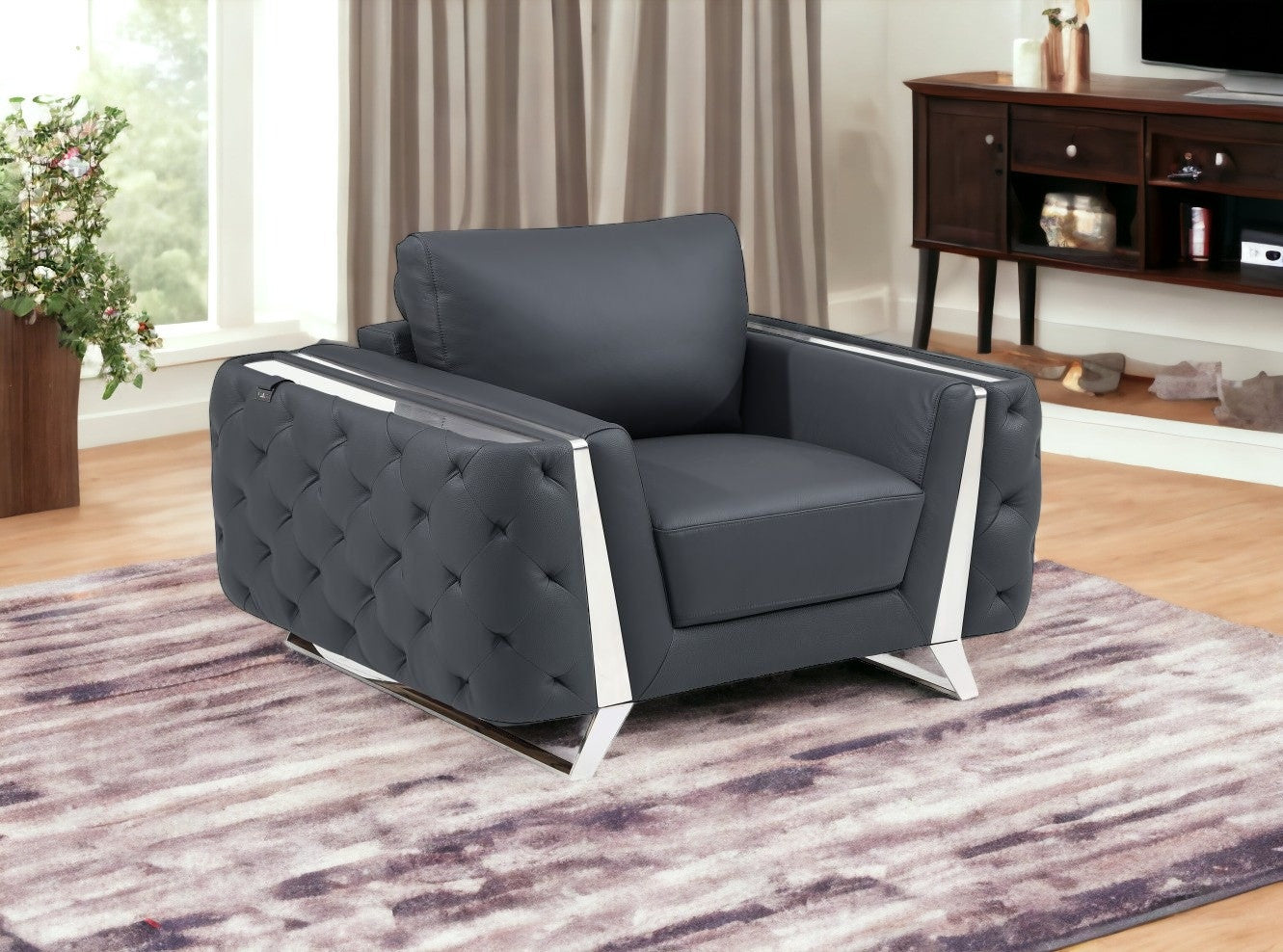 50" Dark Gray And Silver Faux Leather Tufted Club Chair-5