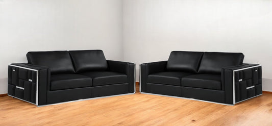 Two Piece Indoor Black Italian Leather Four Person Seating Set-0