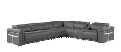 Gray Italian Leather Modular L Shaped Seven Piece Corner Sectional With Console-5
