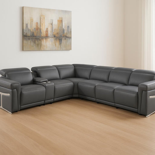 Gray Italian Leather Modular L Shaped Seven Piece Corner Sectional With Console-0