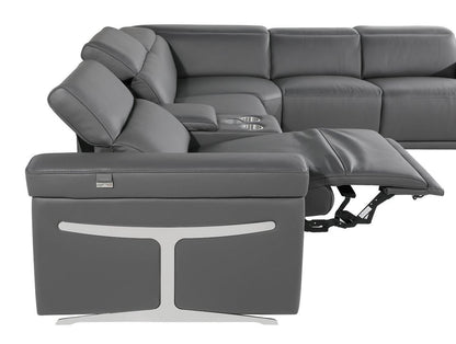 Gray Italian Leather Modular L Shaped Seven Piece Corner Sectional With Console-2