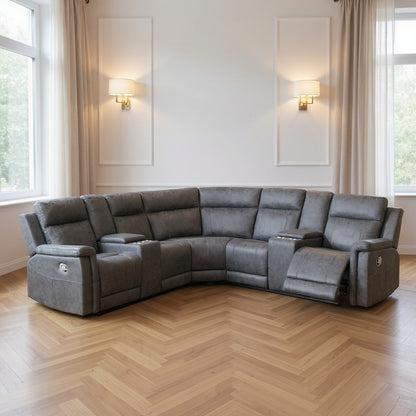 Gray Faux Leather Reclining Curved Corner Sectional With Console-0