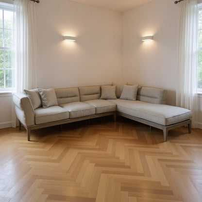 Beige Fabric L Shaped Sofa and Chaise Sectional With Toss Pillows-0