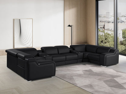 Black Italian Leather Power Reclining U Shaped Eight Piece Corner Sectional With Console-8