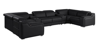 Black Italian Leather Power Reclining U Shaped Eight Piece Corner Sectional With Console-1