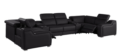 Black Italian Leather Power Reclining U Shaped Eight Piece Corner Sectional With Console-2