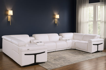 White Italian Leather Power Reclining U Shaped Eight Piece Corner Sectional With Console-1
