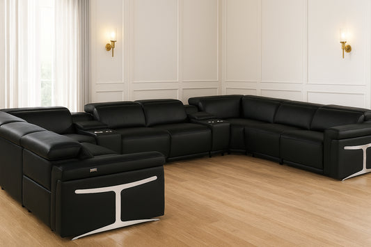 Black Italian Leather Power Reclining U Shaped Ten Piece Corner Sectional With Console-0