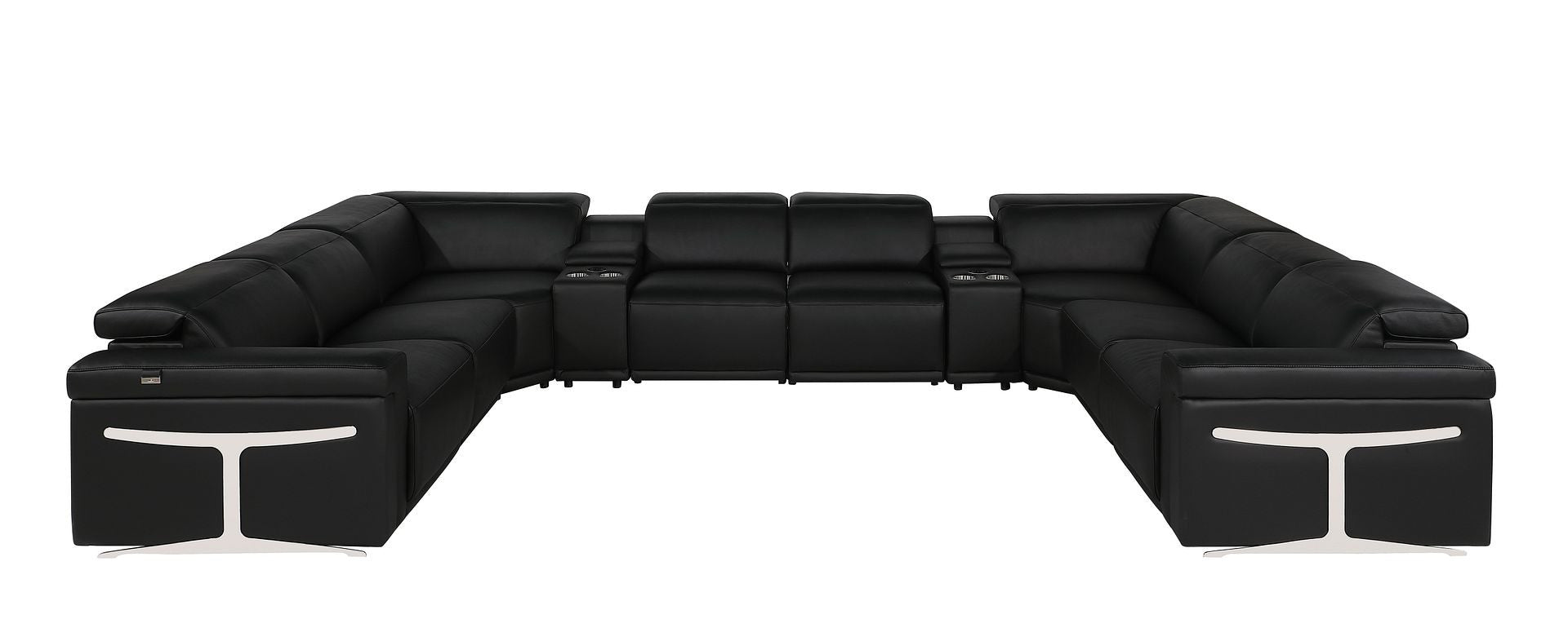 Black Italian Leather Power Reclining U Shaped Ten Piece Corner Sectional With Console-1